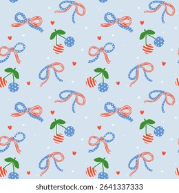 Retro Coquette 4th of July Cherries and America Ribbo Bow  Girly Seamless Pattern Red White Blue Minimal Wallpaper Isolated on Background