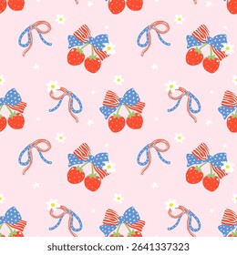 Retro Coquette 4th of July Strawberry Ribbon Bow America Girly Groovy Seamless Pattern Minimal Wallpaper Isolated on Background