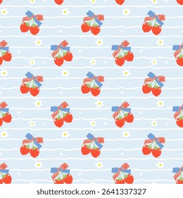 Retro Coquette 4th of July Strawberry America Ribbon Bow Girly Stripes Seamless Pattern Minimal Wallpaper Isolated on Background