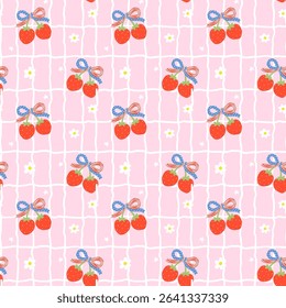 Retro Coquette 4th of July Strawberry America Ribbon Bow Girly Tile Seamless Pattern Minimal Wallpaper Isolated on Background