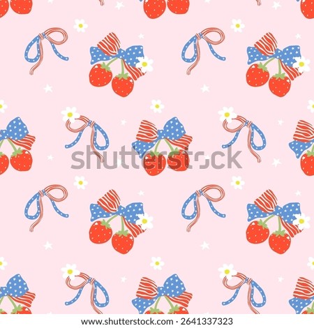 Retro Coquette 4th of July Strawberry Ribbon Bow America Girly Groovy Seamless Pattern Minimal Wallpaper Isolated on Background