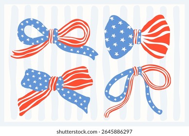 Coquette retro arco américa conjunto em estilo desenhado à mão doodle com fitas azuis vermelhas para clipart dia independência, adesivos e projetos de design