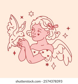 Retro coquette angel girl with delicate, curly hair and bird. Lovely retro motifs in flirty blush pink hue. Gentle dove and amour evoke sense of connection, romantic mood. Clear neutral pastel graphic