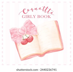 Retro Coquette Book opened with pink lace bow and red cherries Illustration, Trendy preppy Chic Pink Watercolor Art