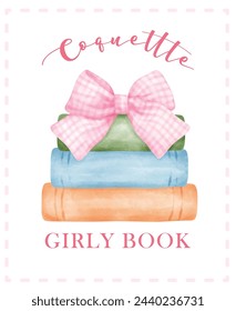 Retro Coquette Book stacked with pink ginham bow Illustration, Trendy preppy Chic Pink Watercolor Art