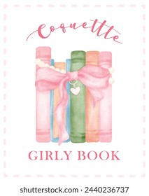 Retro Coquette Book stacked with pink ribbon bow Illustration, Trendy preppy Chic Pink Watercolor Art