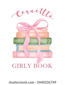 Retro Coquette Book stacked with pink ribbon bow Illustration, Trendy preppy Chic Pink Watercolor Art