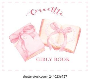 Retro Coquette Books girly with pink ribbon bow Illustration, Trendy preppy Chic Pink Watercolor Art