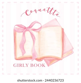 Retro Coquette Books opened with pink ribbon bow Illustration, Trendy preppy Chic Pink Watercolor Art