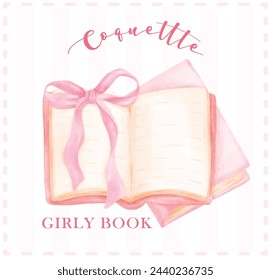 Retro Coquette Books opened with pink ribbon bow Illustration, Trendy preppy Chic Pink Watercolor Art