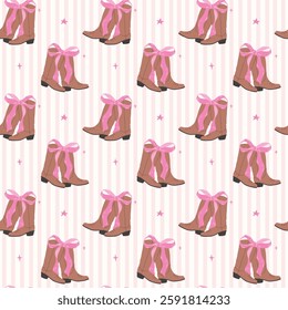 Retro Coquette Cowboy boots with bow Seamless Pattern, Girly Western Wallpaper isolated on background