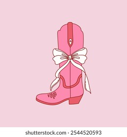 Retro coquette Cowgirl boot with bow on pink background. Cowboy western and wild west theme. Hand drawn vector.