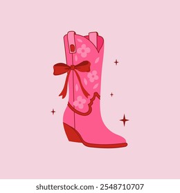 Retro coquette Cowgirl boot with bow on pink background. Cowboy western and wild west theme. Hand drawn vector.