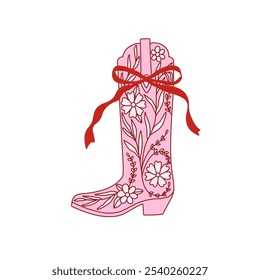 Retro coquette Cowgirl boot with floral elements and red bow on white background. Cowboy western and wild west theme. Hand drawn vector.