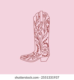 Retro coquette Cowgirl boot with floral elements on pink background. Cowboy western and wild west theme. Hand drawn vector.