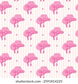 Retro Coquette Cowgirl Hat with bow Seamless Pattern, Girly Western Wallpaper isolated on background