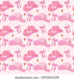 Retro Coquette Cowgirl Hat Hot Pink with bow Seamless Pattern, Girly Western Groovy Wallpaper isolated on background