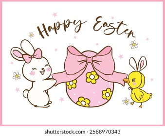 Retro Coquette Easter, Bunny and Chick decorate Egg with bow, Cute Festive Hand Drawn Illustration