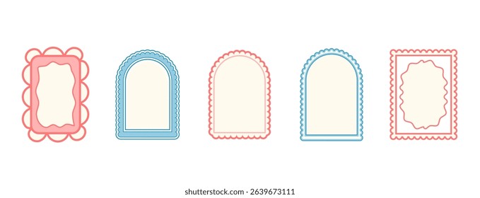 Retro coquette frames. Set of pastel colors borders with scallop edges. Text boxes and oval, rectangle, arch callout templates for invitation. Vector blue and pink vintage doodles.