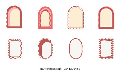 Retro coquette geometric frames. Set of funky borders with scallop wavy edges. Text boxes and callout templates for invitation. Vector abstract doodles cadres isolated on white background.