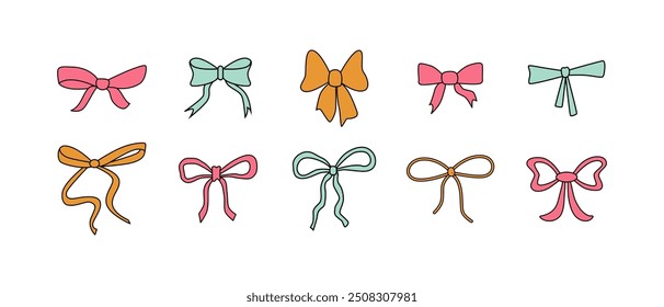 Retro coquette girly bows and ribbons. 2000s Y2k glamour aesthetic. Vintage bows for present, gift or hair accessory. Romantic doodles. Pastel colors. Vector isolated on white.