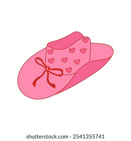 Retro coquette pink cowgirl hat with hearts and bow. Cowboy western and wild west theme. Hand drawn isolated vector design for postcard, t-shirt, sticker etc.