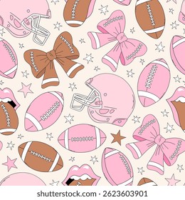 Retro Coquette Pink Girlie American football team equipment vector seamless pattern. Girl Sports Game Season Mom background.
