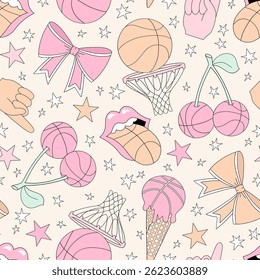 Retro Coquette Pink Girlie Basketball team vector seamless pattern. Girl Sports Game Season Mom background.