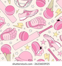 Retro Coquette Pink Girlie Cricket team equipment vector seamless pattern. Girl Sports Game Season Mom background.