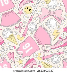 Retro Coquette Pink Girlie Field Hockey team equipment vector seamless pattern. Girl Sports Game Season Mom background.