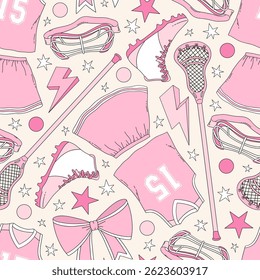 Retro Coquette Pink Girlie Lacrosse team equipment vector seamless pattern. Girl Sports Game Season Mom background.