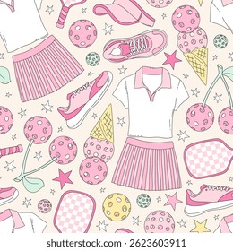 Retro Coquette Pink Girlie Pickleball equipment vector seamless pattern. Girl Sports Game Season Mom background.