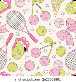 Retro Coquette Pink Girlie Tennis equipment vector seamless pattern. Girl Sports Game Season Mom background.