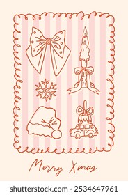 Retro coquette poster with hand drawn whimsical illustrations set. Vintage style Christmas toy car, charming bows, Santa's hat, ribbon, candle. Girly aesthetic design, perfect for Christmas. Soft pink