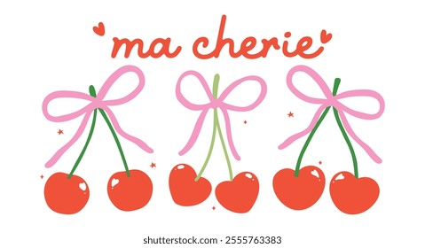 Retro Coquette Red Cherries with pink bow Ma Chérie Minimal Flat Design Collection