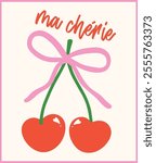 Retro Coquette Red Heart Cherries with Pink ribbon bow Ma Chérie Minimal Flat Design with Vintage Aesthetic