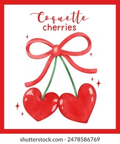 Retro Coquette Red Heart cherries with red ribbon bow, aesthetic watercolor hand drawing