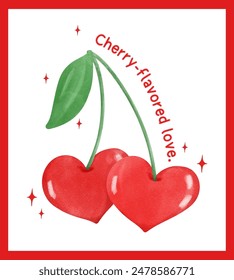 Retro Coquette Red Heart cherries with green leaf, aesthetic watercolor hand drawing