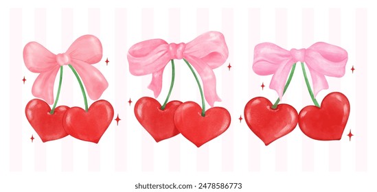 Retro Coquette Red Heart cherries with pink ribbon bow banner, aesthetic watercolor hand drawing collection