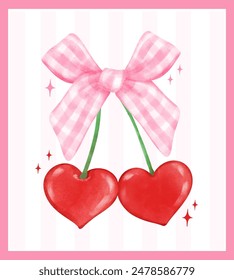 Retro Coquette Red Heart cerezas con rosa preppy gingham lazo de cinta, estética acuarela dibujo a mano