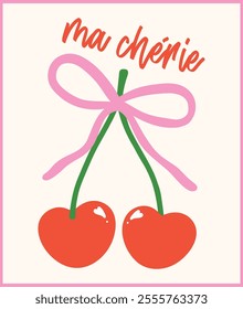 Retro Coquette Red Heart Cherries with Pink ribbon bow Ma Chérie Minimal Flat Design with Vintage Aesthetic