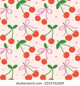 Retro Coquette Seamless Pattern Playful Red Cherries with Pink bow Minimal isolated on background