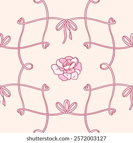 Retro coquette seamless pattern with ribbons, bows and heart shaped loops. Vector vintage background. Girly coquettish aesthetic for Valentine's day