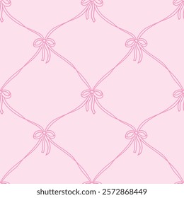 Retro coquette seamless pattern with thin ribbons and bows. Vector vintage background. Girly coquettish pastel aesthetic for Valentines day