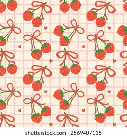 Retro Coquette Strawberry Bow Playful Seamless Pattern isolated on background