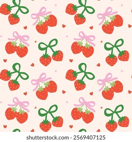 Retro Coquette Strawberry Bow Seamless Pattern isolated on background