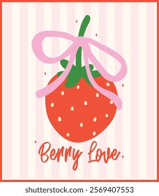 Retro Coquette Strawberry Ribbon bow Berryy love Minimal Flat Design Vintage Aesthetic