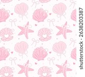 Retro coquette Summer seamless pattern with pearl bow seashells in pastel pink beach vibe for cute girly fabric and digital surface design