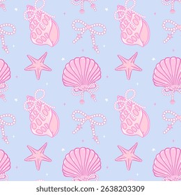 Retro coquette Summer seamless pattern seashells with Pearl bow in Pink Coastal beach vibe for cute girly fabric and wallpaper design