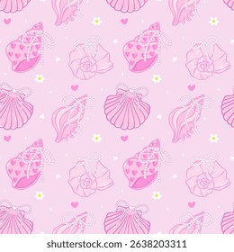 Retro coquette Summer seamless pattern seashells with Pearl bow in Pink beach vibe for cute girly fabric and digital wallpaper design
